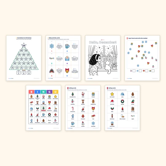 The seven pages of the free Christmas sampler side by side: countdown poster, activity cards for days 1 to 6, the Hello December coloring page, an I spy page, a bingo card and two pages of calling cards