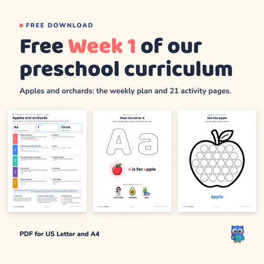 Free Week 1 of our preschool curriculum: the weekly plan, a letter A tracing page and a dot the apple page