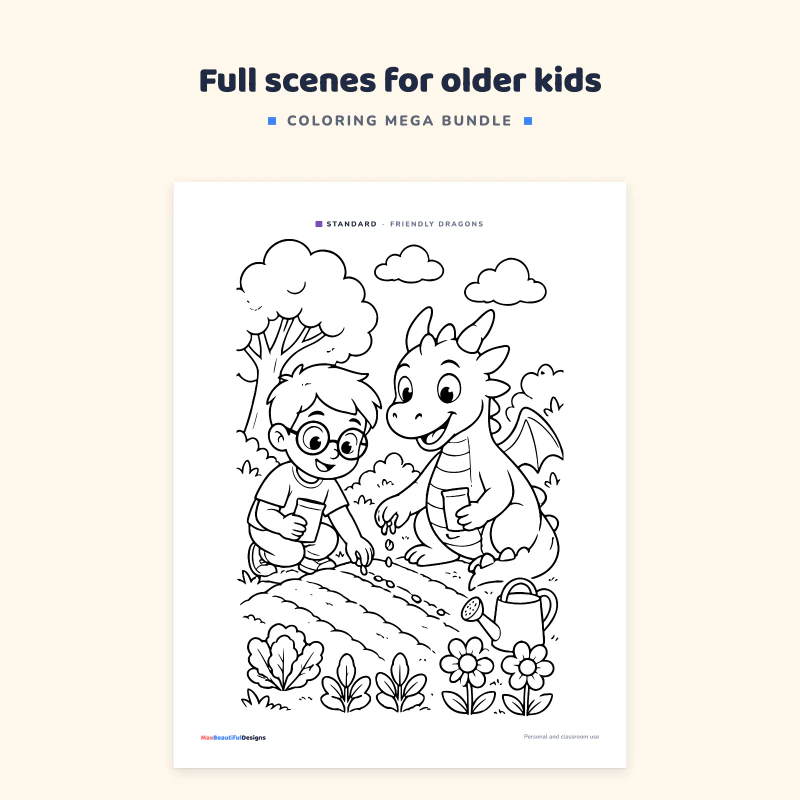 Friendly dragons coloring page: a boy with glasses and a small dragon planting in a garden with flowers and trees, drawn in fine black lines