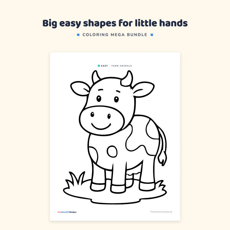 Farm animals coloring page: one smiling cow with spots standing on grass, drawn with thick simple lines