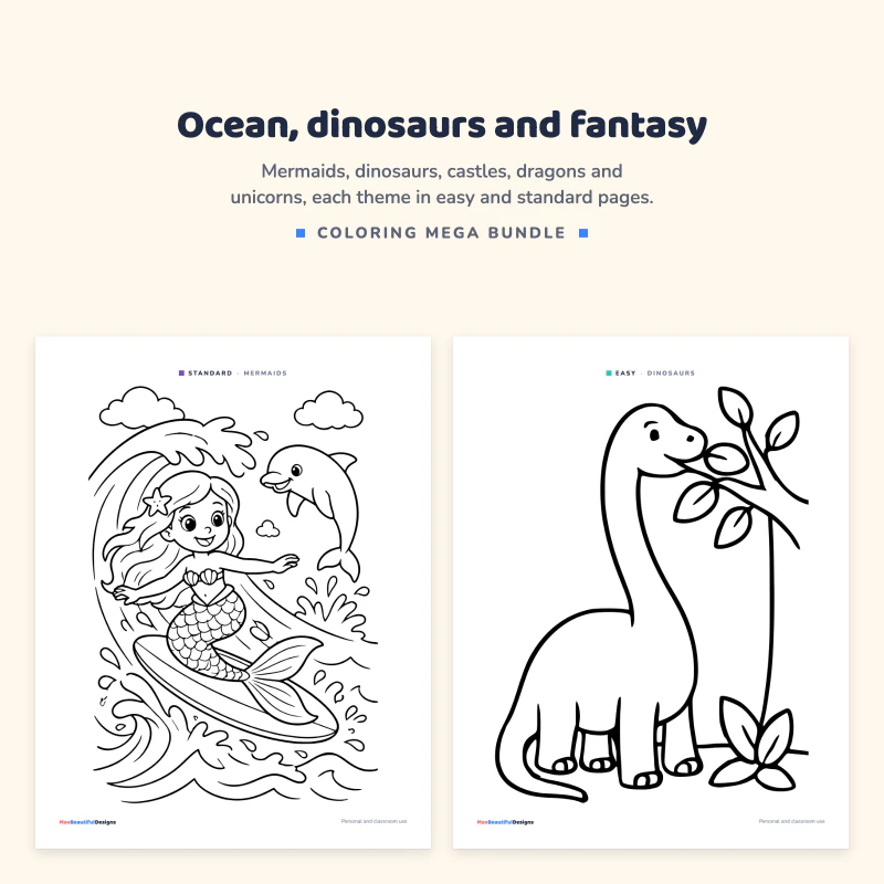 Mermaid on a surfboard with a dolphin, next to an easy dinosaur page with a long necked dinosaur eating leaves