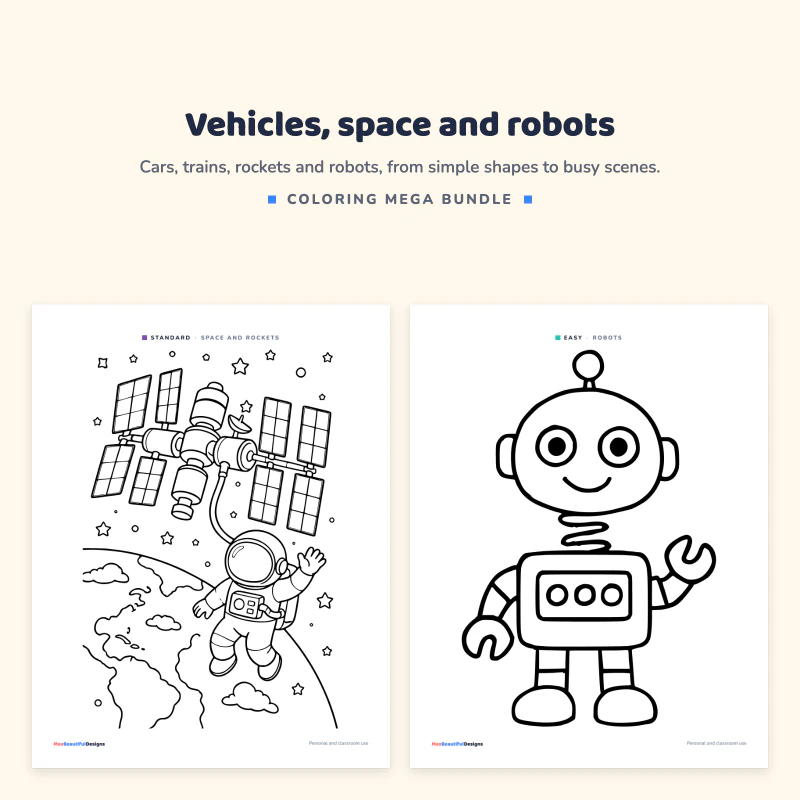 Space and rockets page with an astronaut and a space station, next to an easy robot page with a smiling robot