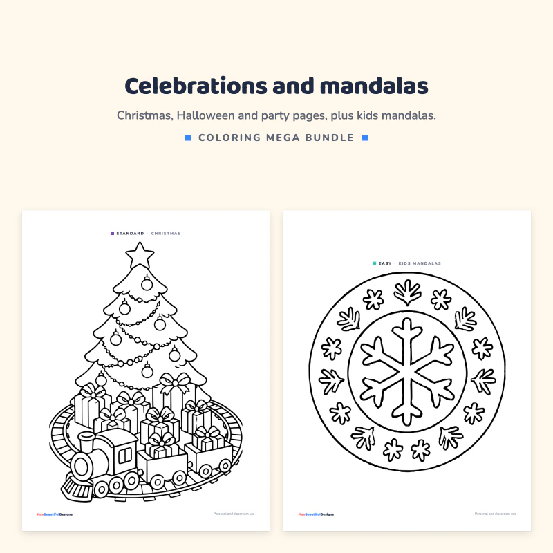 Christmas tree with presents and a toy train, next to a kids mandala page with a snowflake in a round pattern