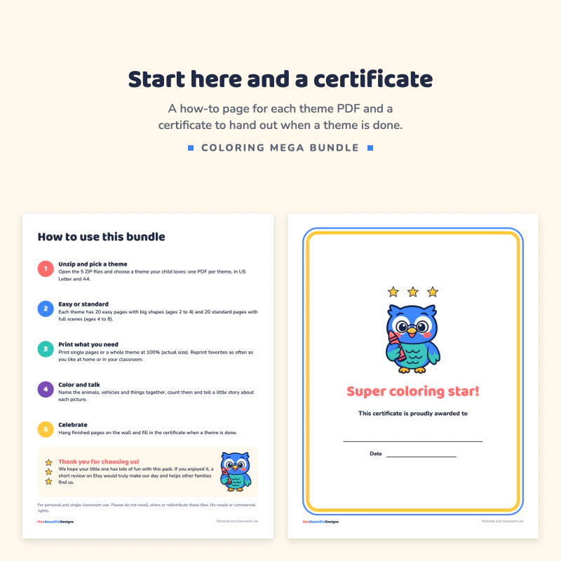 How to use this bundle page with five steps, next to a Super coloring star certificate with an owl