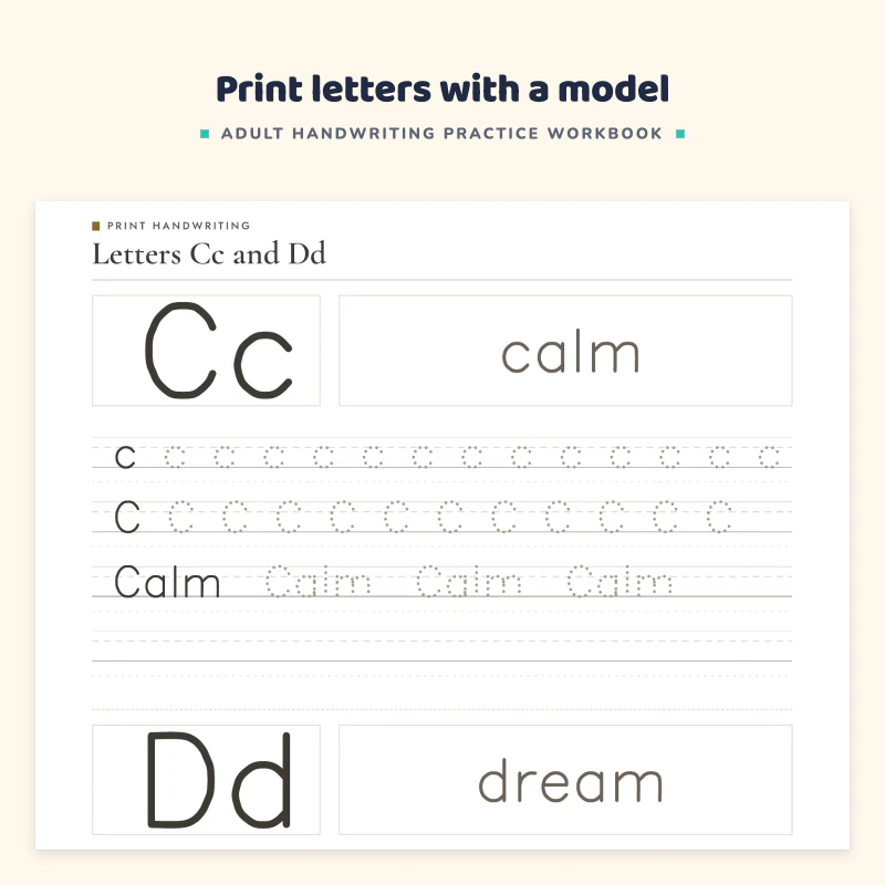 Print letters page for Cc and Dd: a large model letter, the practice word calm, and ruled rows of the letter to trace and copy
