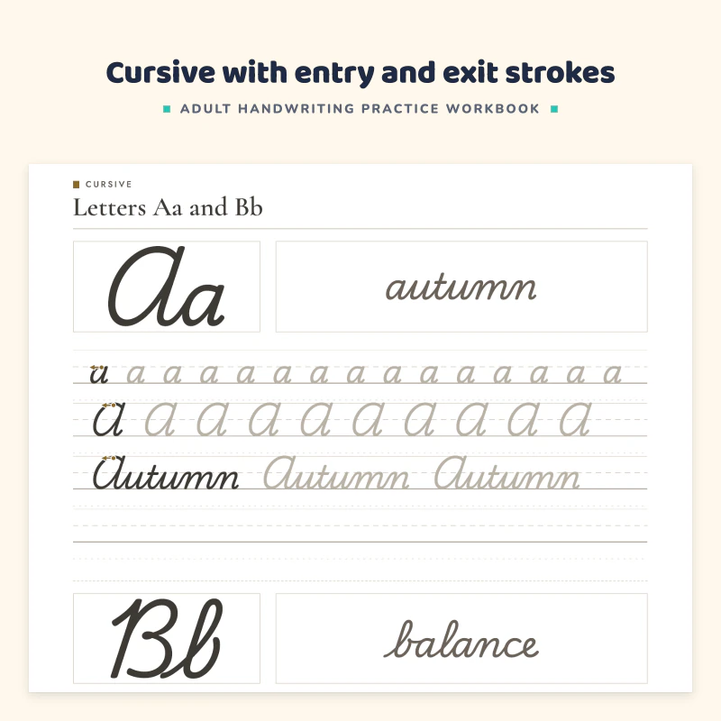 Cursive letters page for Aa and Bb: large model letters, the words autumn and balance, and rows of connected letters to practice