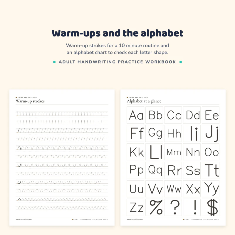 Warm-up strokes page with rows of lines and curves, next to the print alphabet at a glance