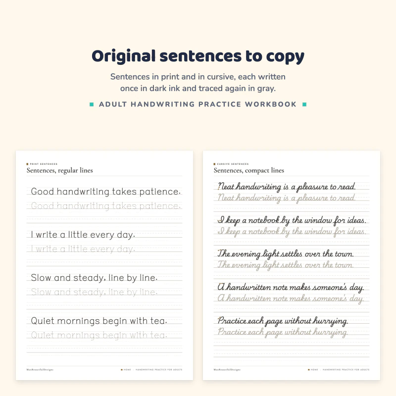 Print sentences page with lines like Good handwriting takes patience, next to a compact cursive sentences page