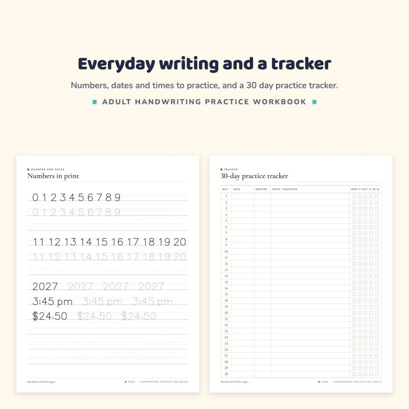 Numbers in print page with digits, dates and prices, next to the 30 day practice tracker with a row for each day