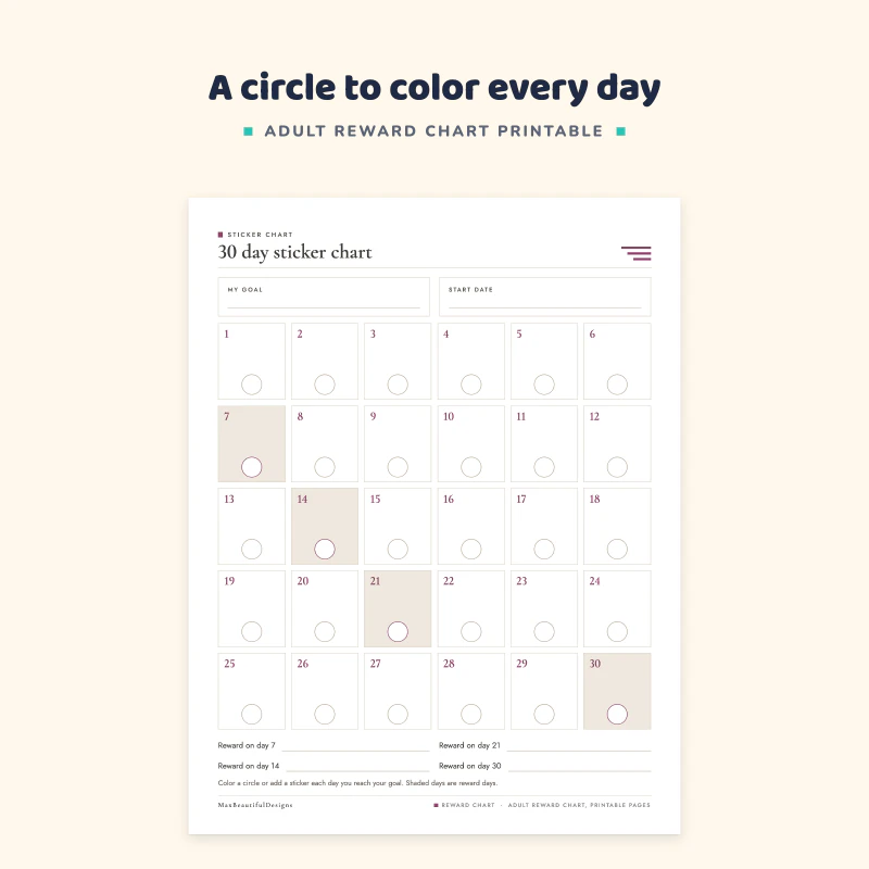 30 day sticker chart: a grid of numbered days each with a circle to color, with week milestones shaded