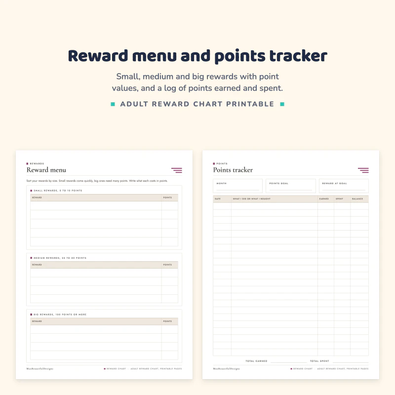Reward menu page with small, medium and big reward tables, next to a points tracker log