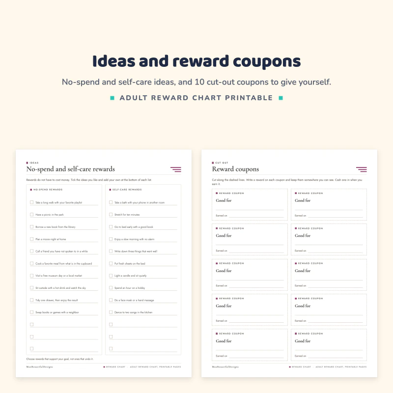 No-spend and self-care rewards checklist, next to a page of cut-out reward coupons marked Good for