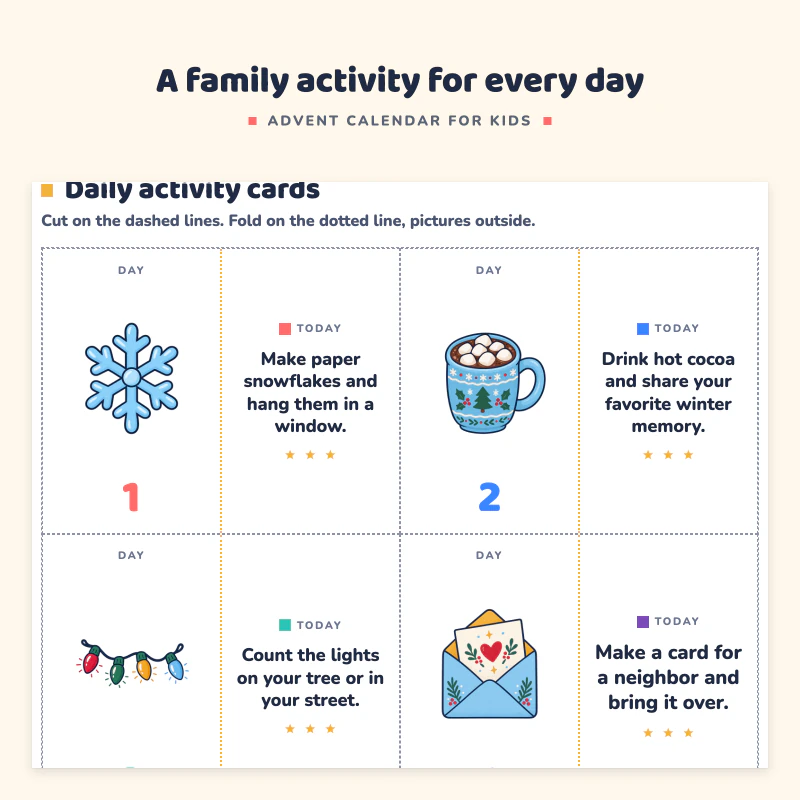 Close view of daily activity cards with a picture, day number and activity for days 1 to 4: snowflakes, hot cocoa, string lights and a card for a neighbor