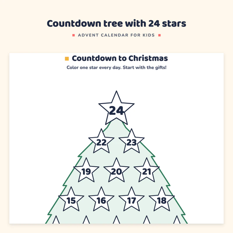 Close view of the Countdown to Christmas poster: a tree made of numbered stars from 24 down to 1 with three gifts below