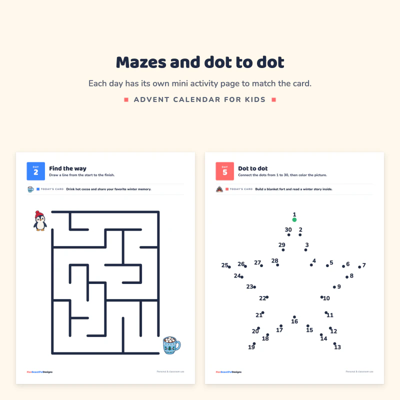 A winter maze with a penguin and a cup of cocoa next to a dot to dot star with numbers from 1 to 30