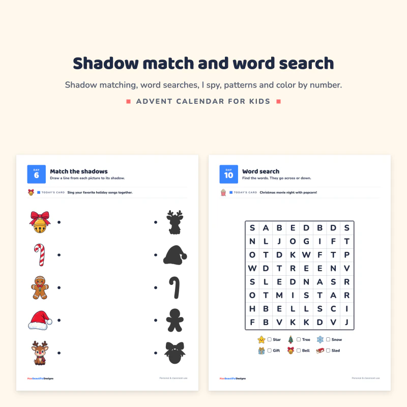 Shadow match page with a bell, candy cane and gingerbread man next to a Christmas word search