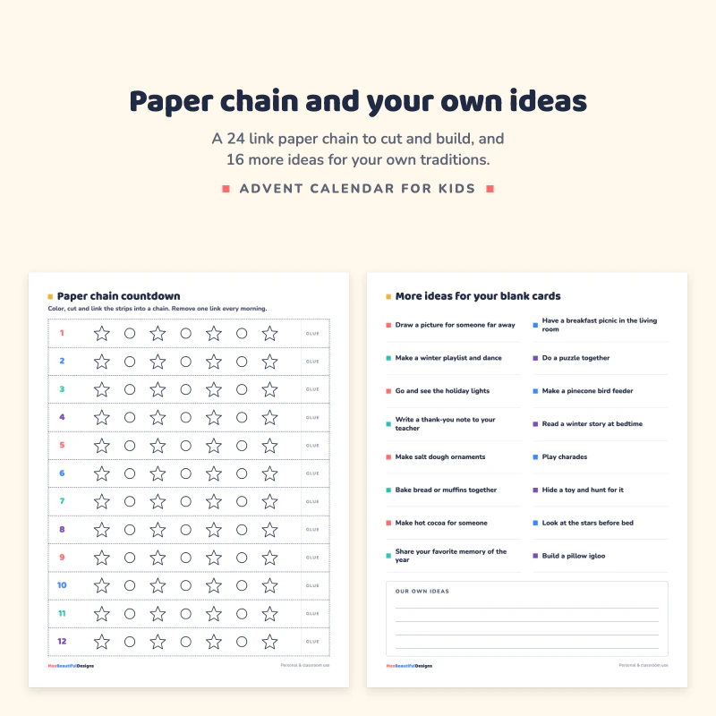 Paper chain countdown strips with stars next to the more ideas for your blank cards page