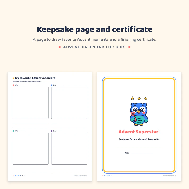 My favorite Advent moments page with four drawing boxes next to the Advent Superstar certificate with an owl