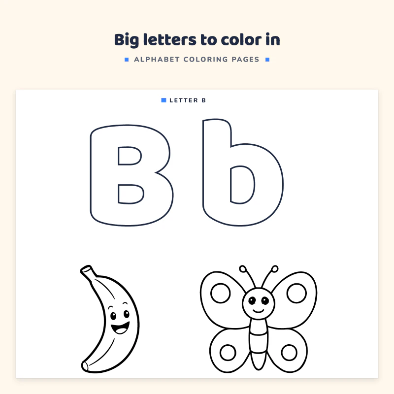 Top of the letter B page: a big outlined capital B and small b to color, with a banana and a butterfly picture below