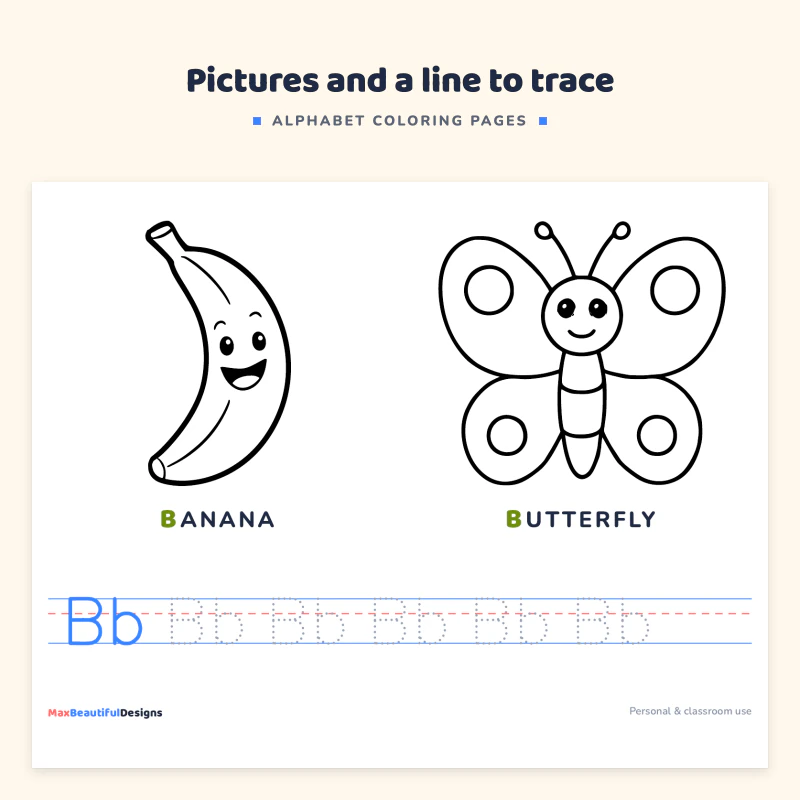 Bottom of the letter B page: banana and butterfly outlines with their words and a dotted Bb line to trace