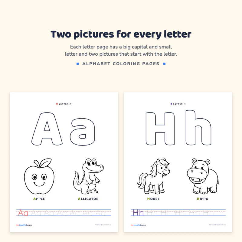 Letter A page with apple and alligator, next to a letter H page with horse and hippo