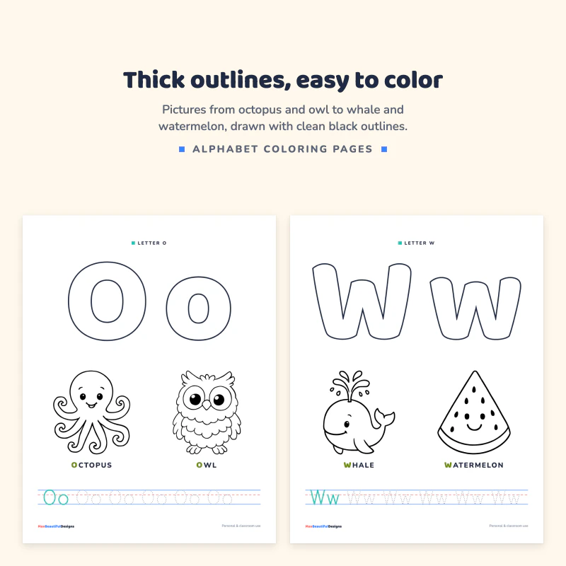Letter O page with octopus and owl, next to a letter W page with whale and watermelon