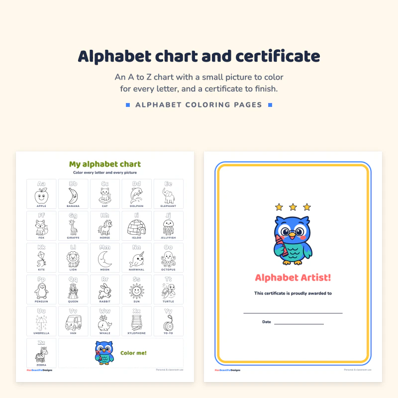 My alphabet chart page with 26 small pictures to color, next to an Alphabet Artist certificate with an owl