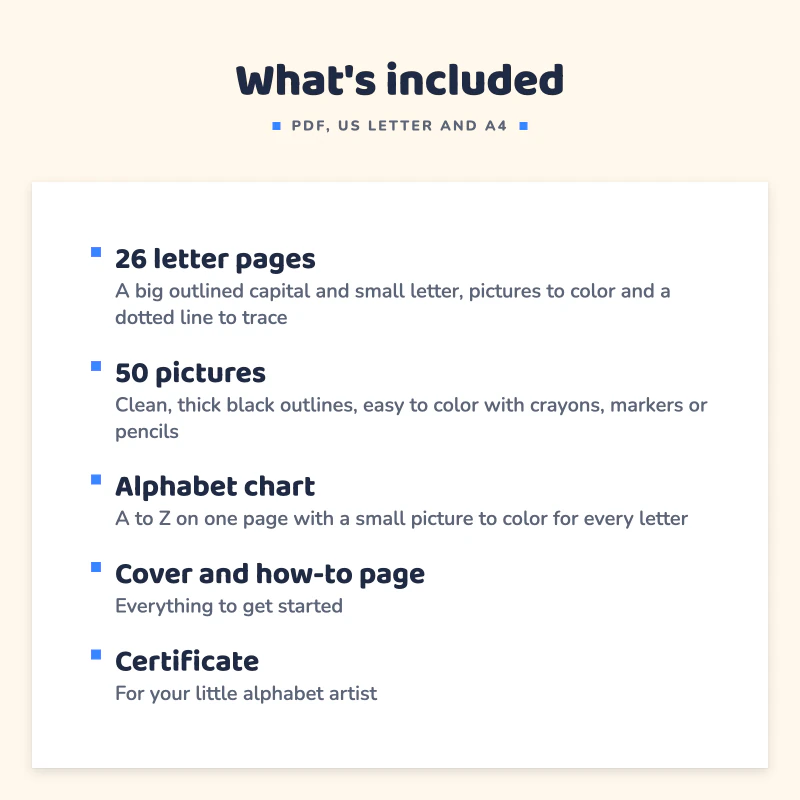 List of what is included in Alphabet Coloring Pages: 26 letter pages, 50 pictures, Alphabet chart, Cover and how-to page, Certificate.