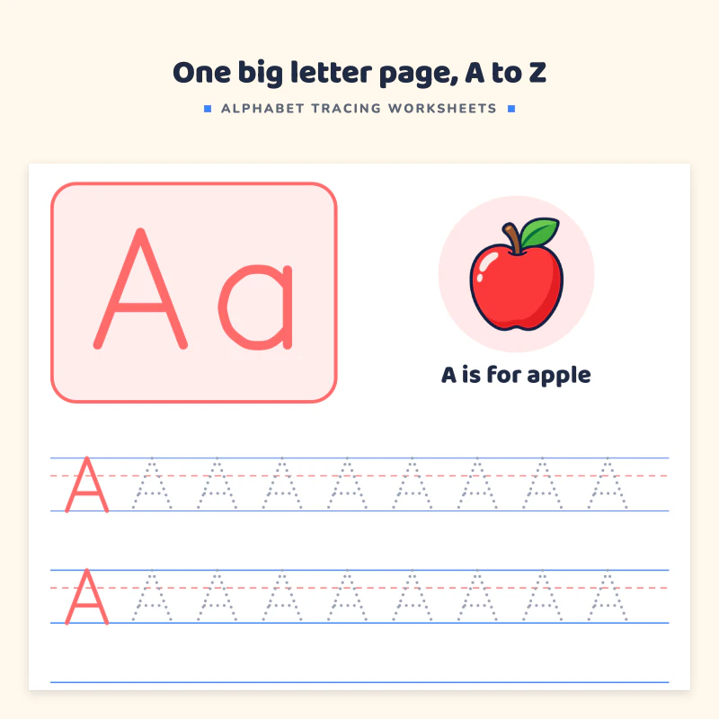 Letter A page: a model Aa with an apple, two rows of uppercase A, two rows of lowercase a and the word apple to trace