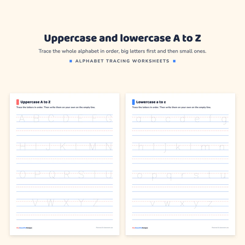 Uppercase A to Z tracing page with dotted letters on lines next to a lowercase a to z tracing page