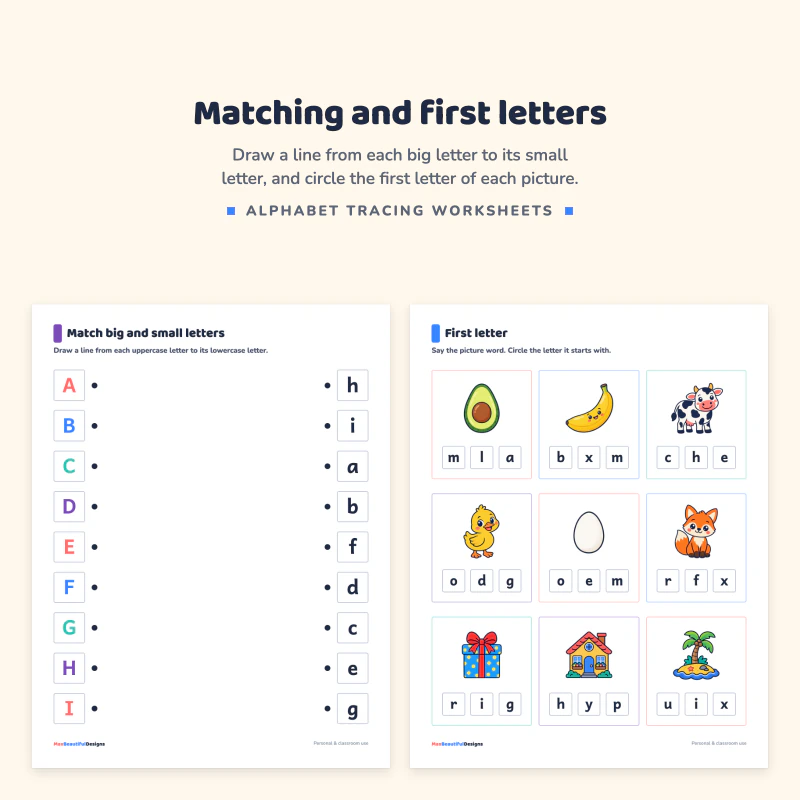 Match big and small letters page with dots for A to I and a first letter page with pictures such as an avocado, a banana and a cow with three letters each