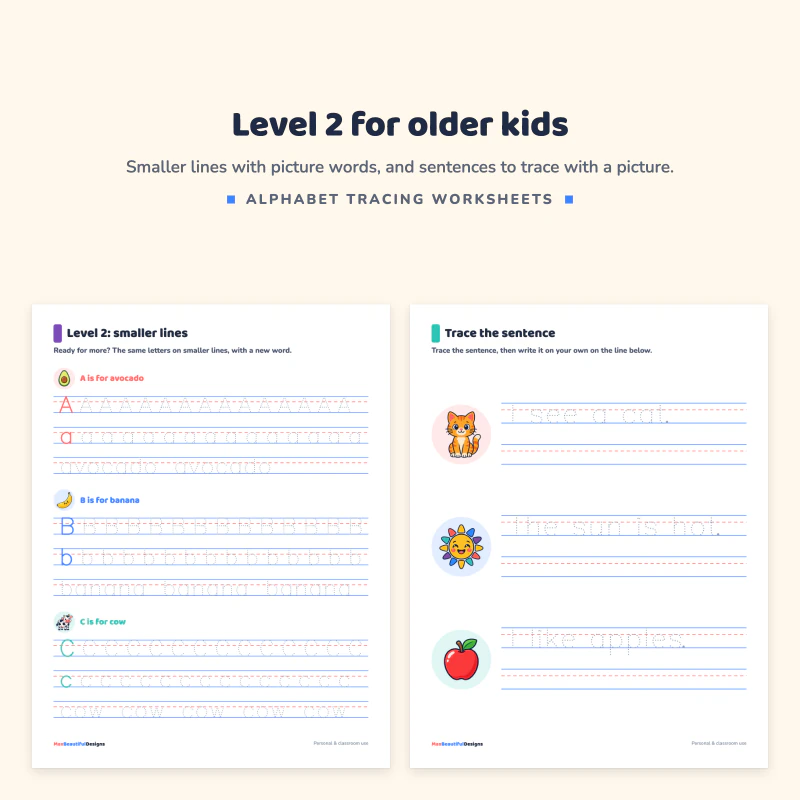 Level 2 smaller lines page with a picture word for each of three letters next to a trace the sentence page with three pictures and a sentence each