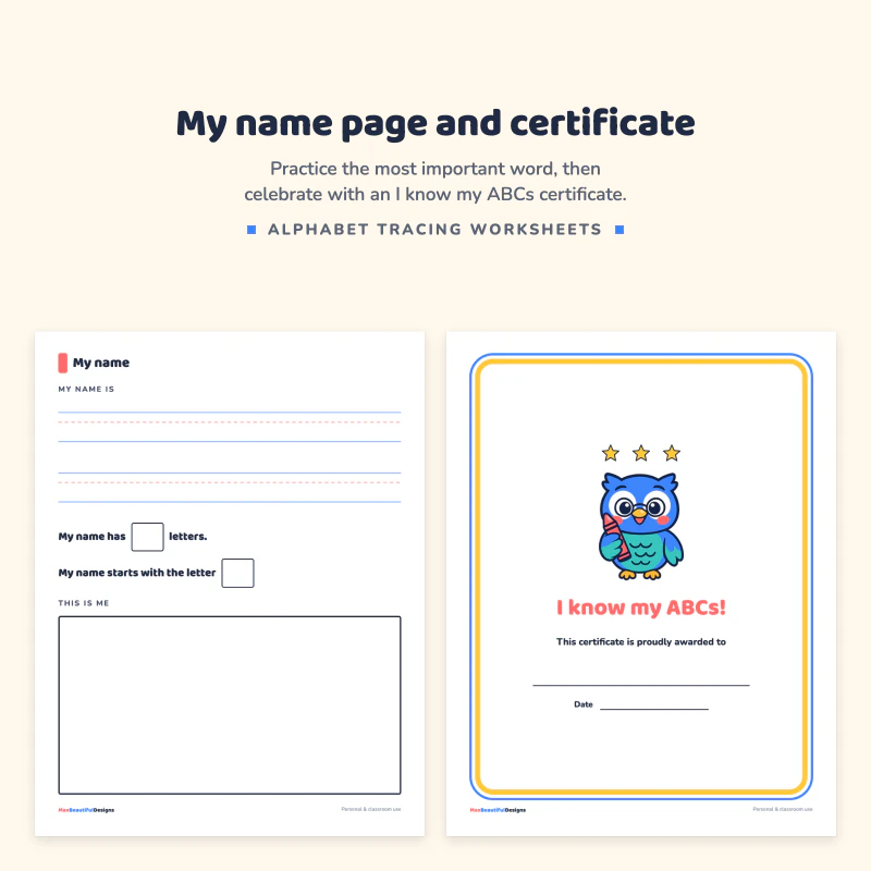 My name page with lines for writing a name next to the I know my ABCs certificate with Ollie the owl
