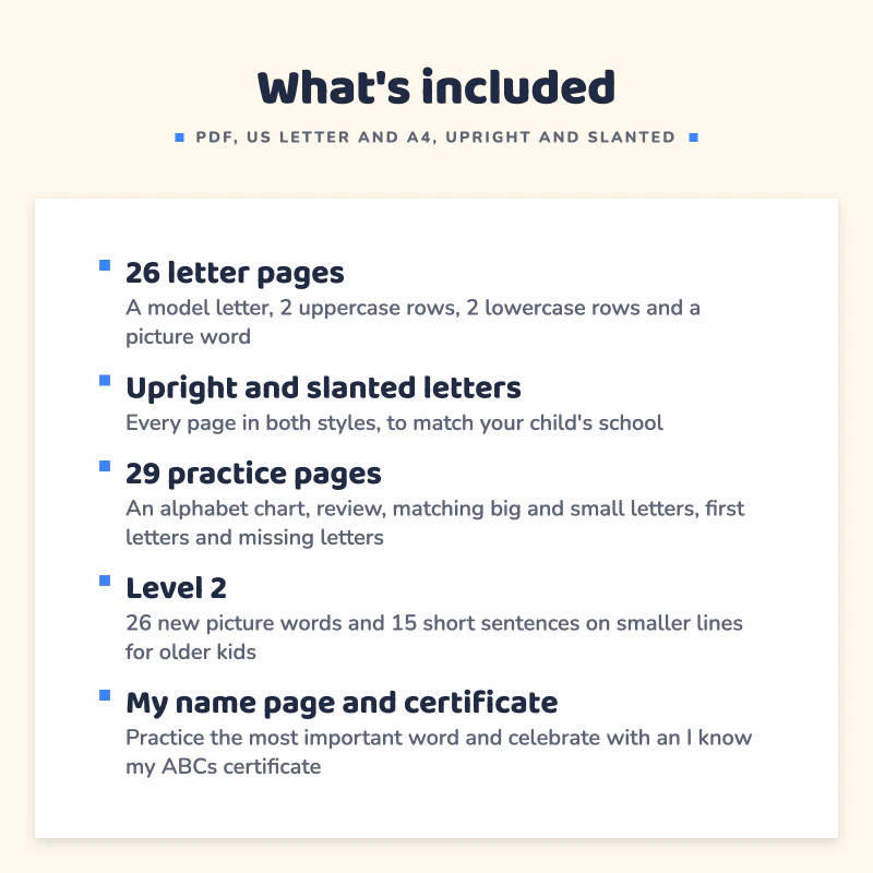 List of what is included in Alphabet Tracing Worksheets: 26 letter pages, Upright and slanted letters, 29 practice pages, Level 2, My name page and certificate.