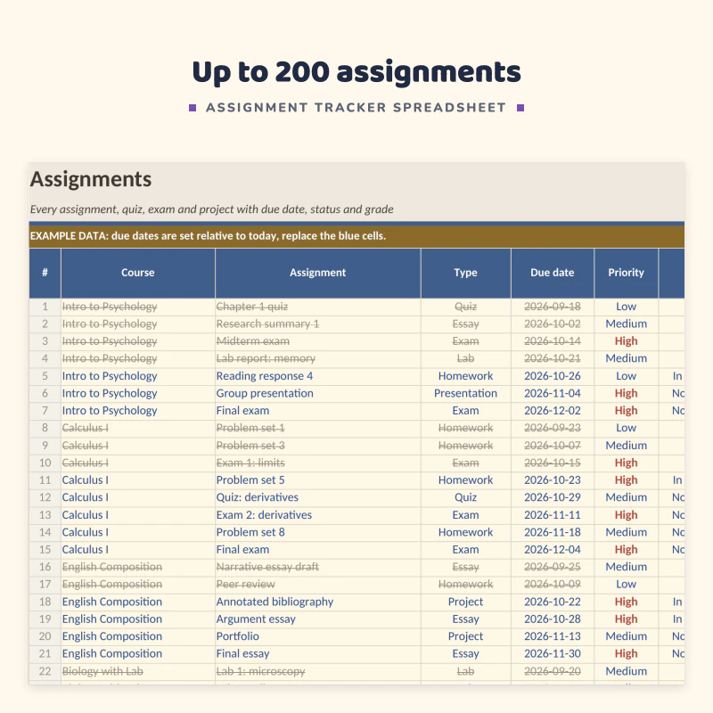 Assignments sheet up close: course, assignment, type, due date, priority, status and a When flag such as Overdue, Due today or This week