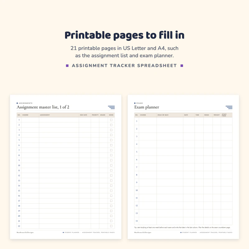 Assignment master list with numbered rows next to the exam planner table with exam date and weight columns