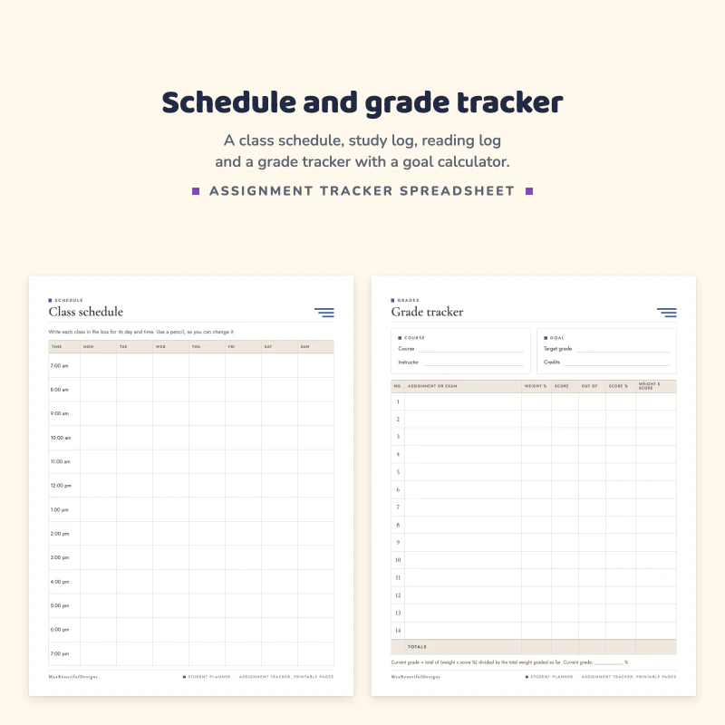 Class schedule grid with hourly rows next to the grade tracker table with weight, score and out of columns