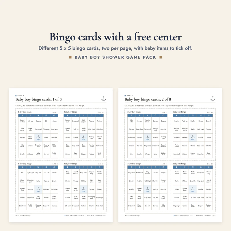 Two pages of bingo cards, each card with the word BINGO on top, baby item words and a free square