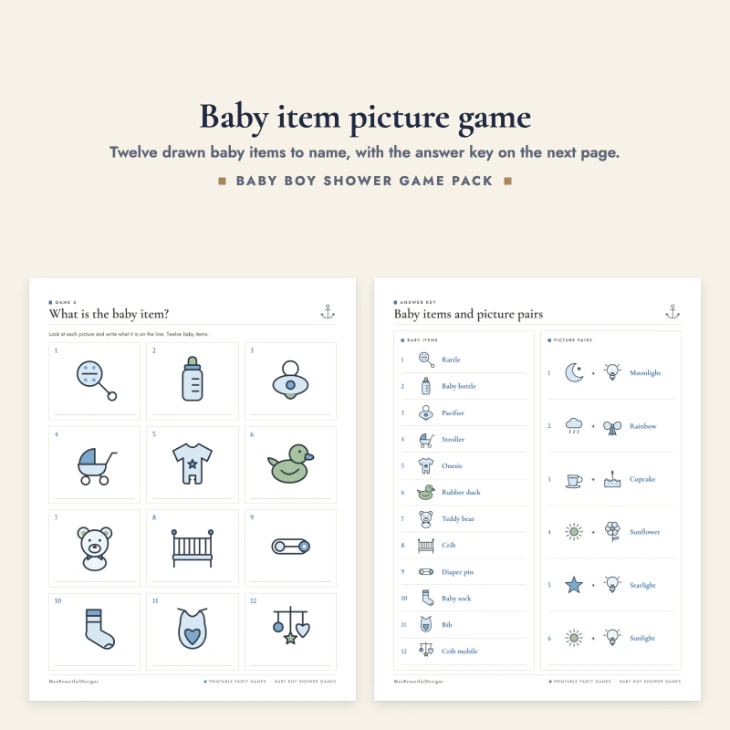 The What is the baby item page with twelve line drawings and the matching answer key page