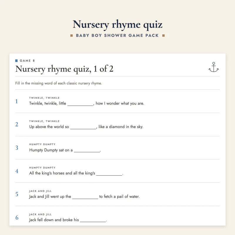 Top of the nursery rhyme quiz: fill in the missing word of well known rhymes, with an answer key