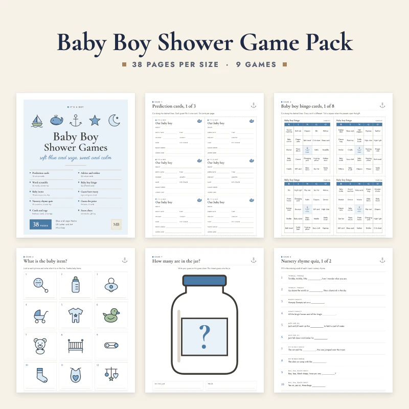 Baby boy baby shower game pack: the cover and five real pages, prediction cards, bingo cards, a baby item picture game, the guess how many jar and a nursery rhyme quiz