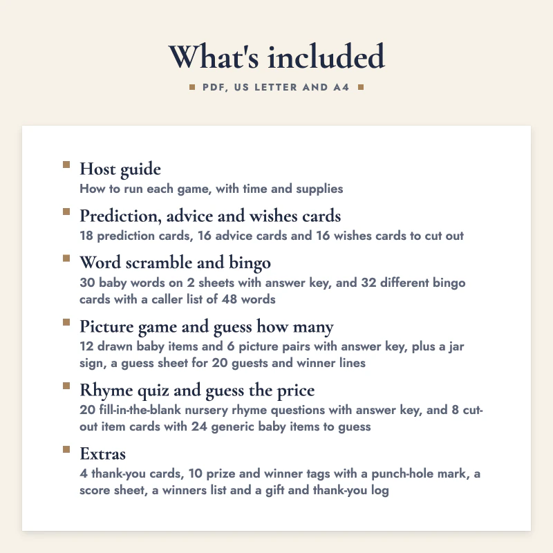List of what is included in Baby Boy Shower Game Pack: Host guide, Prediction, advice and wishes cards, Word scramble and bingo, Picture game and guess how many, Rhyme quiz and guess the price, Extras.
