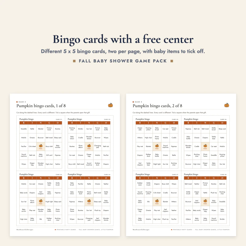 Two pages of bingo cards, each card with the word BINGO on top, baby item words and a free square
