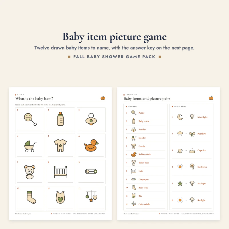The What is the baby item page with twelve line drawings and the matching answer key page