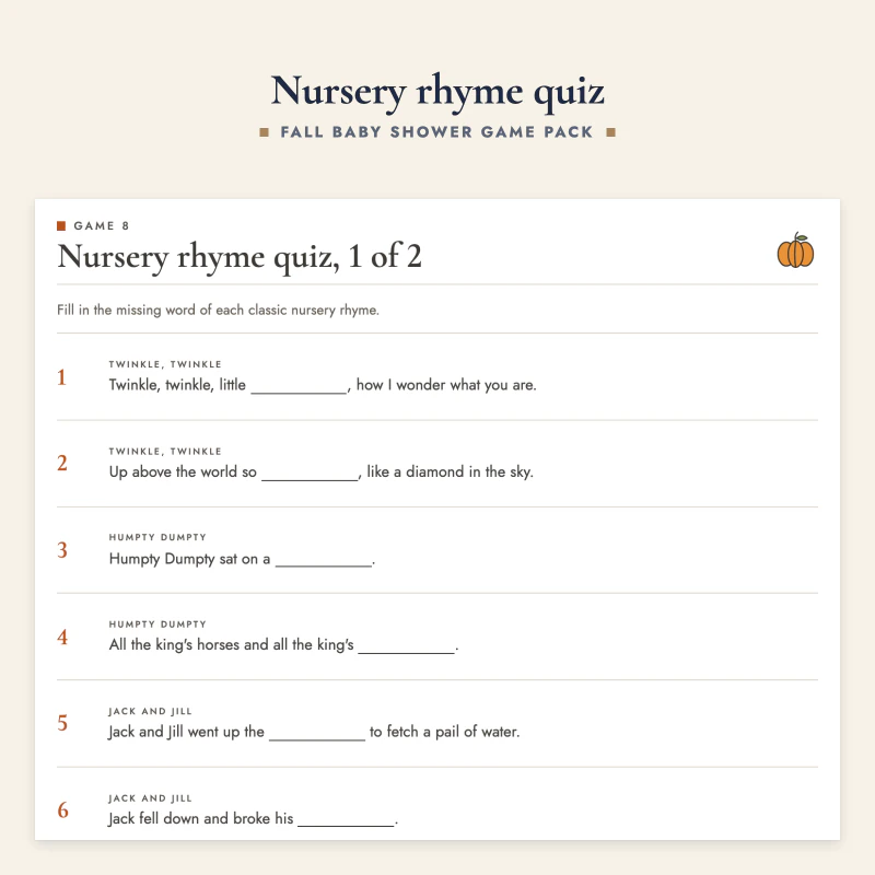 Top of the nursery rhyme quiz: fill in the missing word of well known rhymes, with an answer key