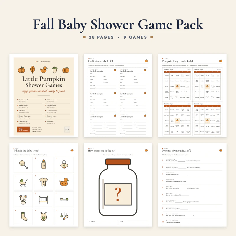 Fall pumpkin baby shower game pack: the cover and five real pages, prediction cards, bingo cards, a baby item picture game, the guess how many jar and a nursery rhyme quiz