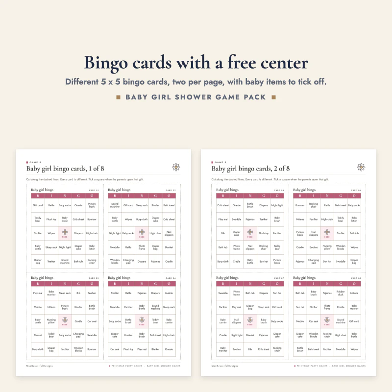 Two pages of bingo cards, each card with the word BINGO on top, baby item words and a free square