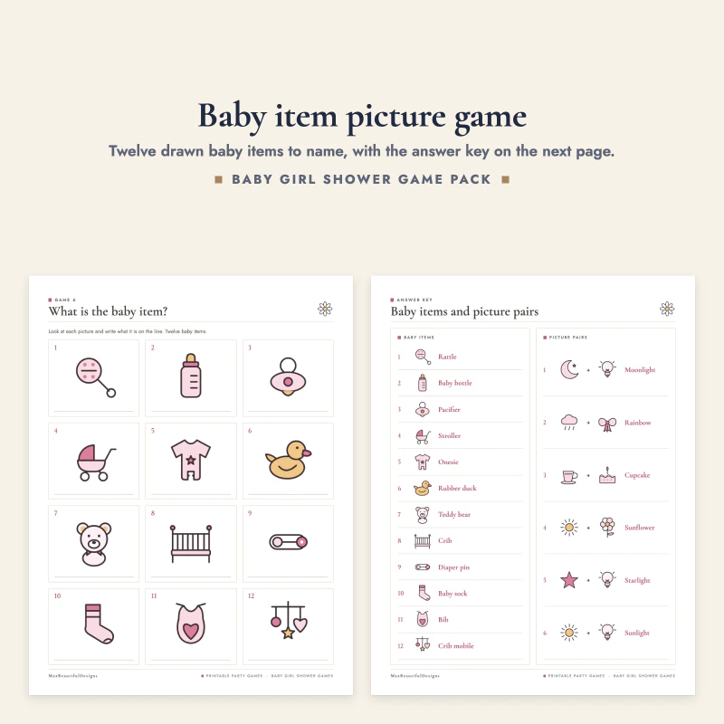 The What is the baby item page with twelve line drawings and the matching answer key page