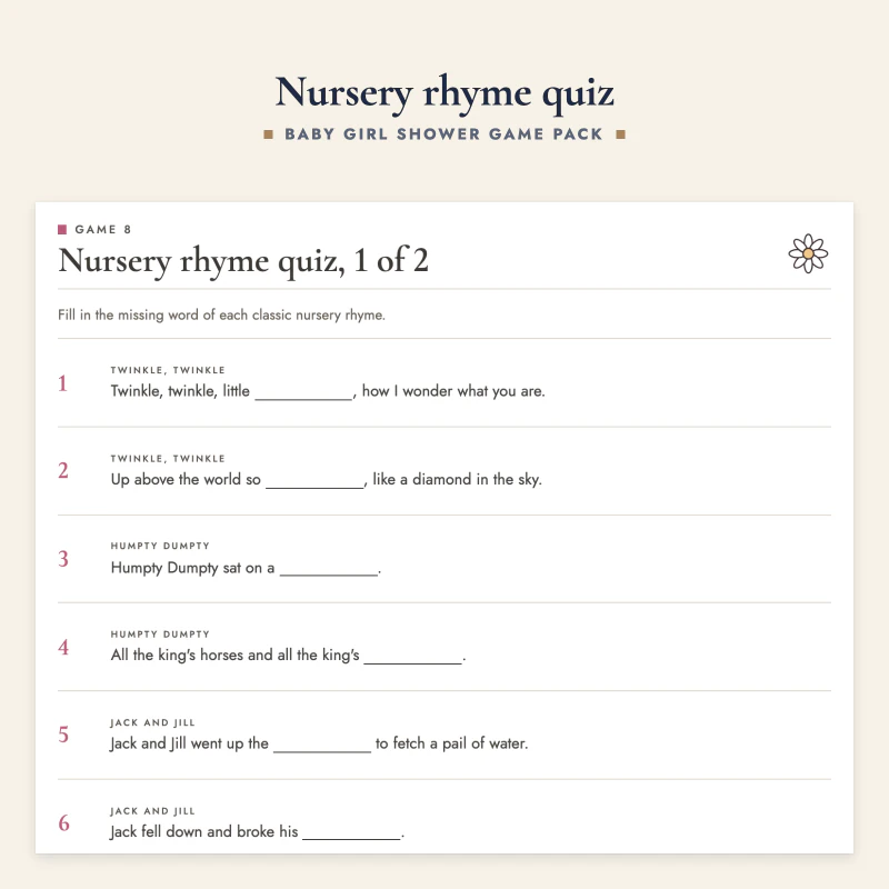 Top of the nursery rhyme quiz: fill in the missing word of well known rhymes, with an answer key
