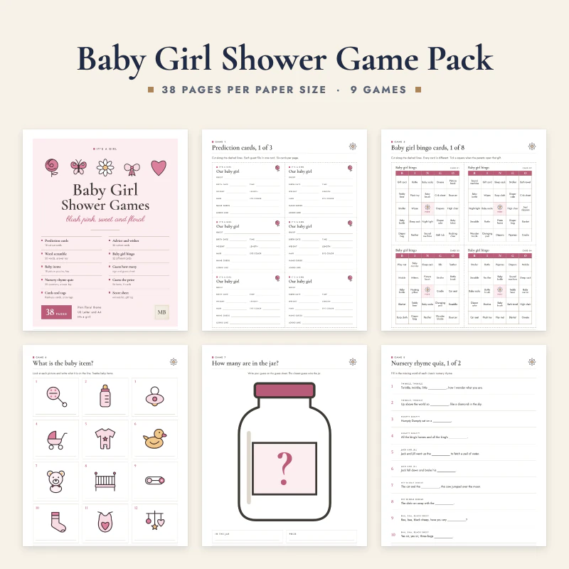 Baby girl baby shower game pack: the cover and five real pages, prediction cards, bingo cards, a baby item picture game, the guess how many jar and a nursery rhyme quiz